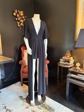 Black Draped Jersey Maxi Dress Front Slit Open Tie-Back M